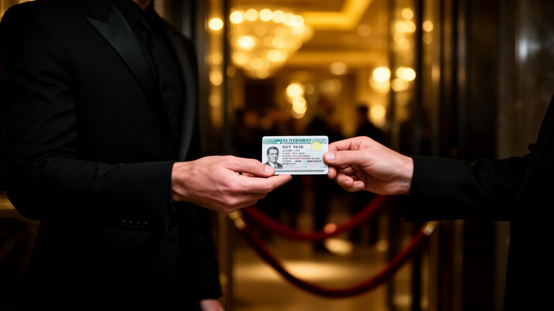 Guest presenting ID at the velvet-rope entrance