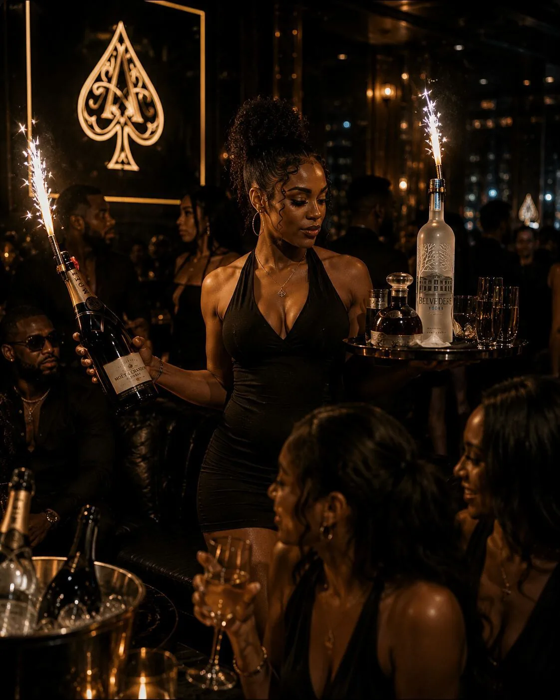 Server presenting bottles with sparklers
